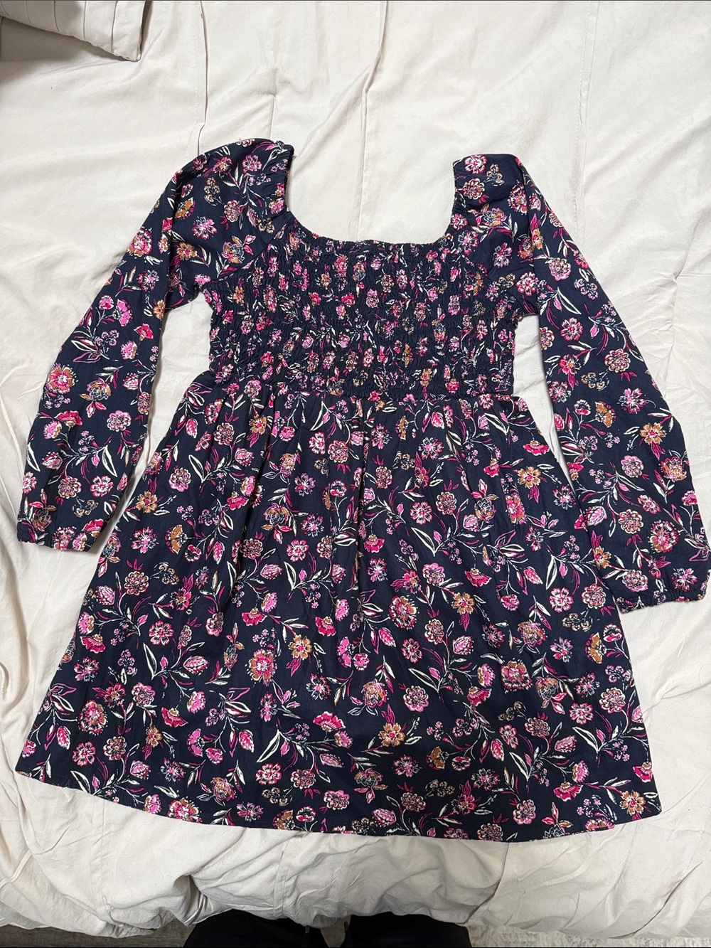 GAP Navy Floral Smocked Long-Sleeve Dress with Pink Accents